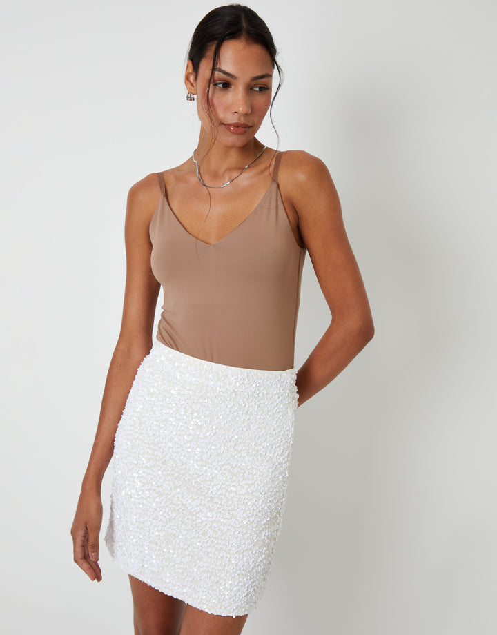 White Sequin Velour Mini Skirt