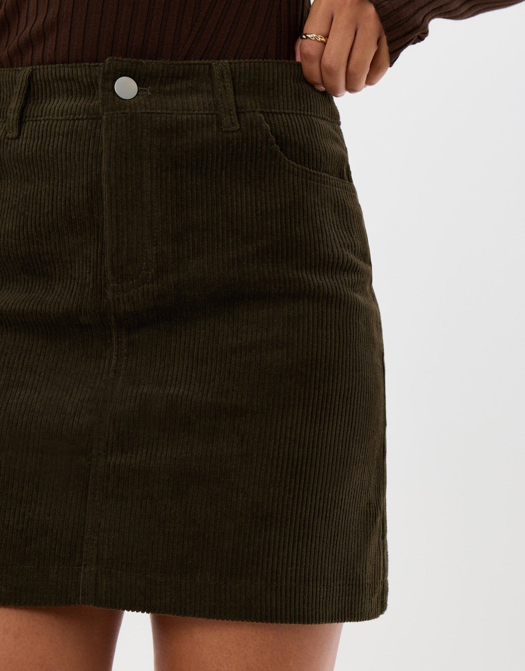 Petite Corduroy Mini Skirt with Pockets in Olive Green