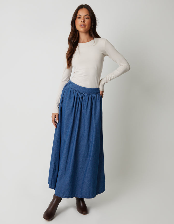 Mid Wash Pull On Denim Midaxi Skirt
