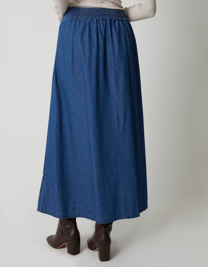 Mid Wash Pull On Denim Midaxi Skirt