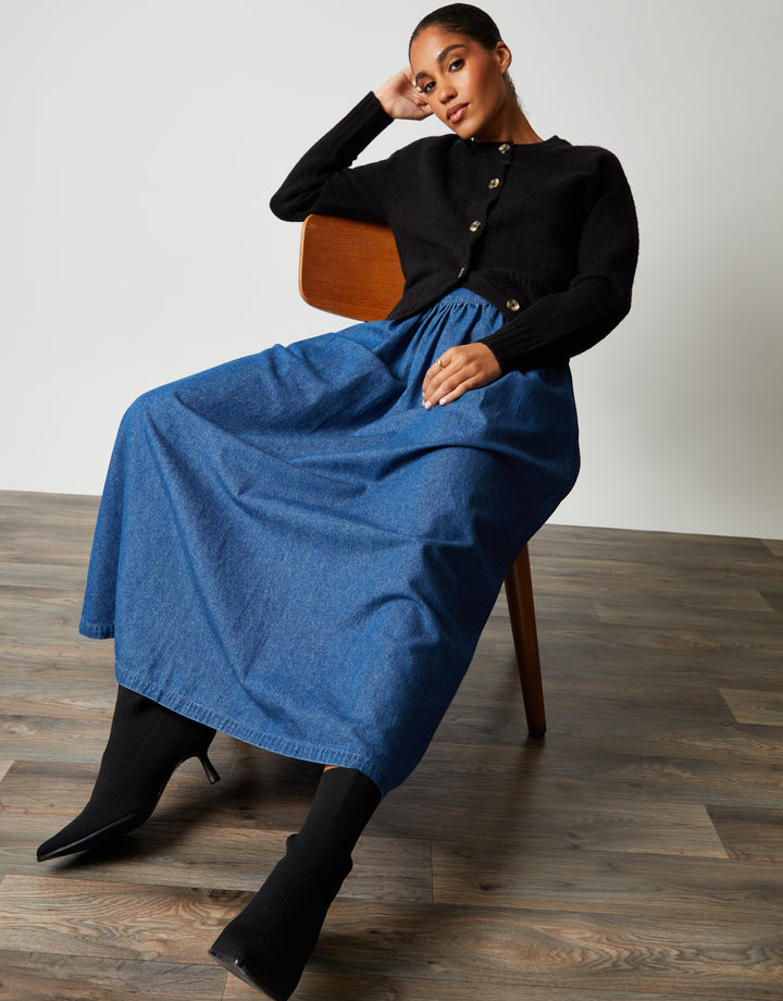 Mid Wash Pull On Denim Midaxi Skirt