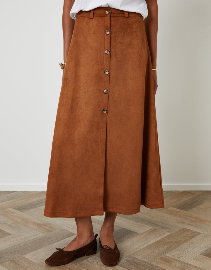 Tan Brown Button Front Suedette Skirt