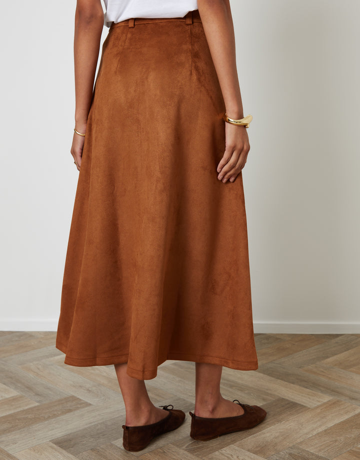 Tan Brown Button Front Suedette Skirt