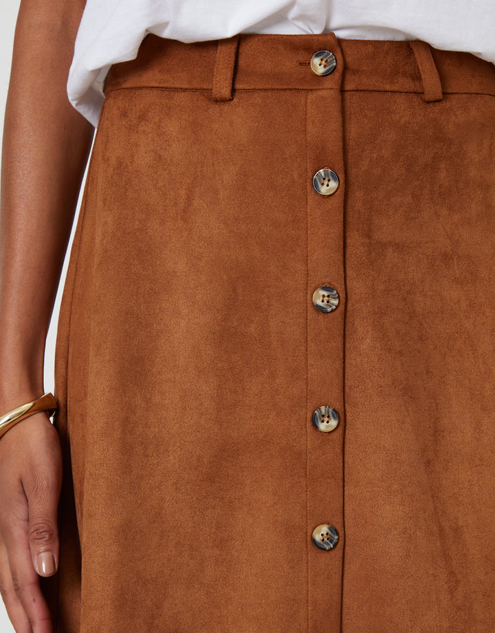 Tan Brown Button Front Suedette Skirt