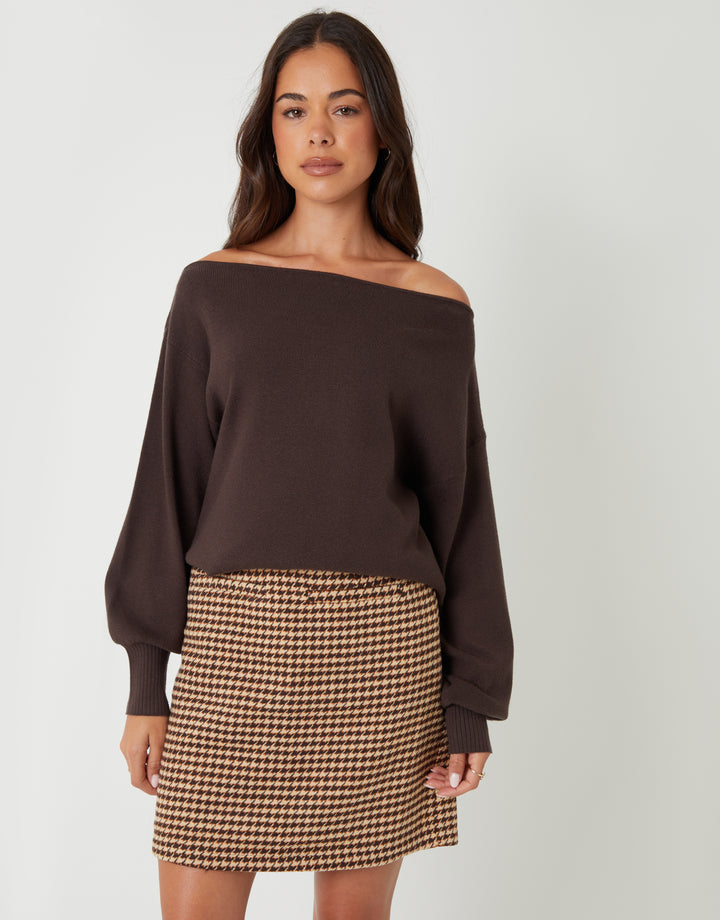 Tan Brown Houndstooth Check A-Line Mini Skirt