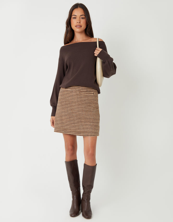Tan Brown Houndstooth Check A-Line Mini Skirt
