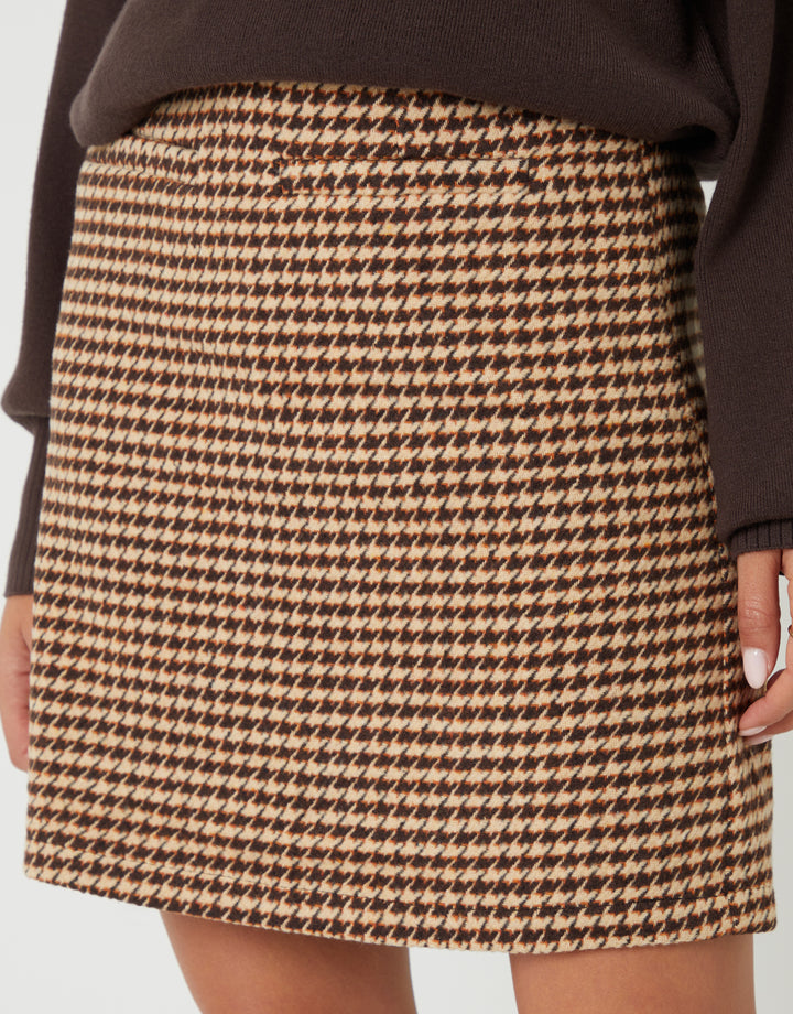 Tan Brown Houndstooth Check A-Line Mini Skirt