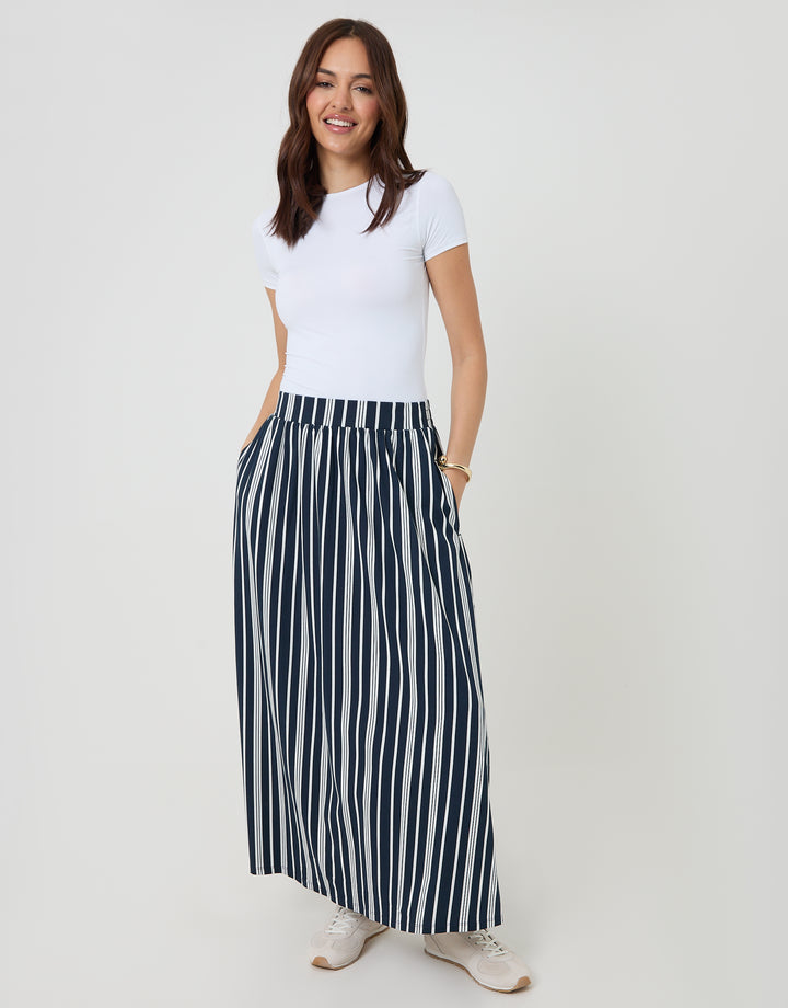 Navy Stripe Jersey A-Line Maxi Skirt
