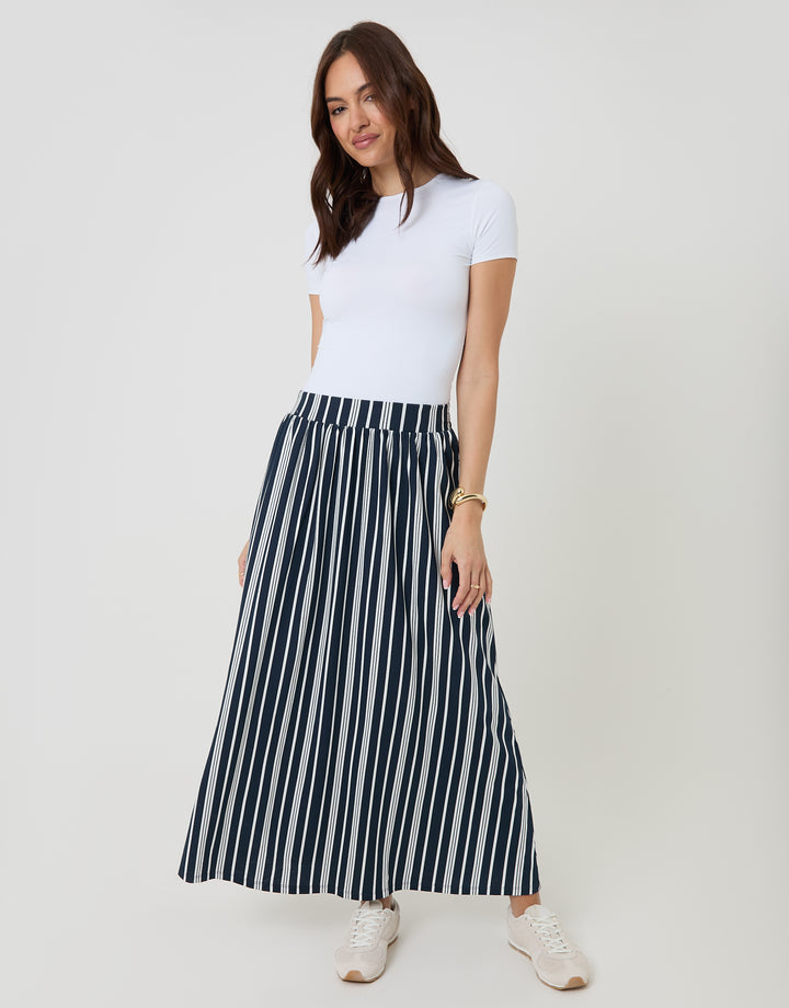Navy Stripe Jersey A-Line Maxi Skirt