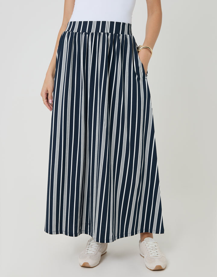 Navy Stripe Jersey A-Line Maxi Skirt