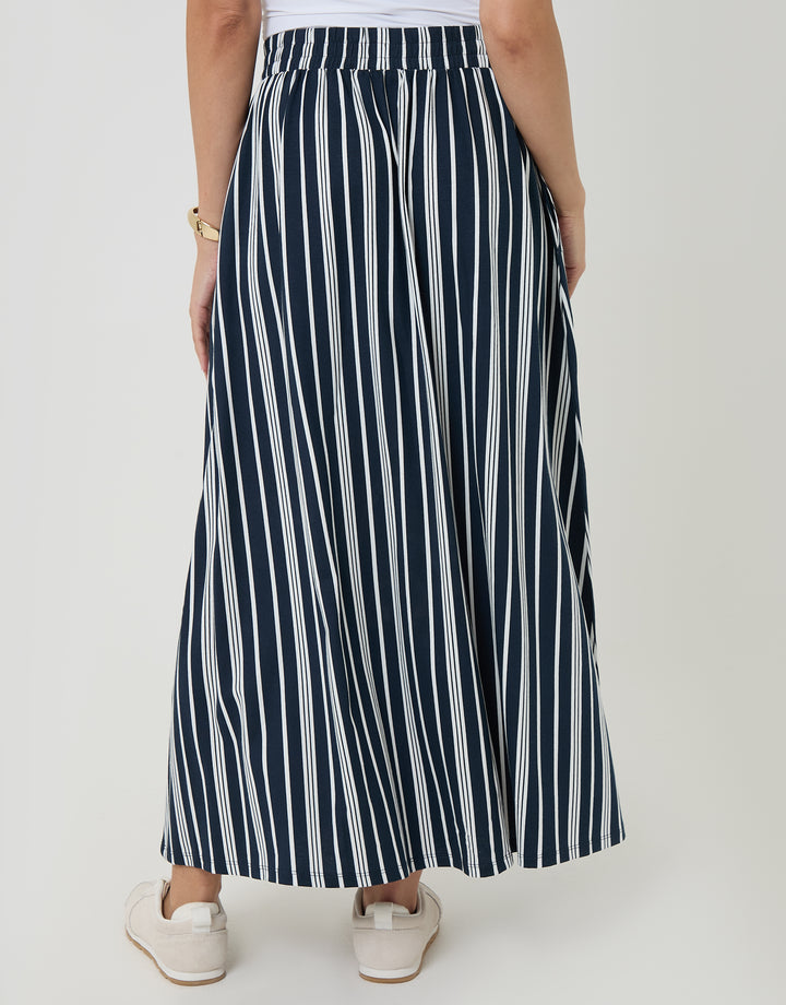 Navy Stripe Jersey A-Line Maxi Skirt