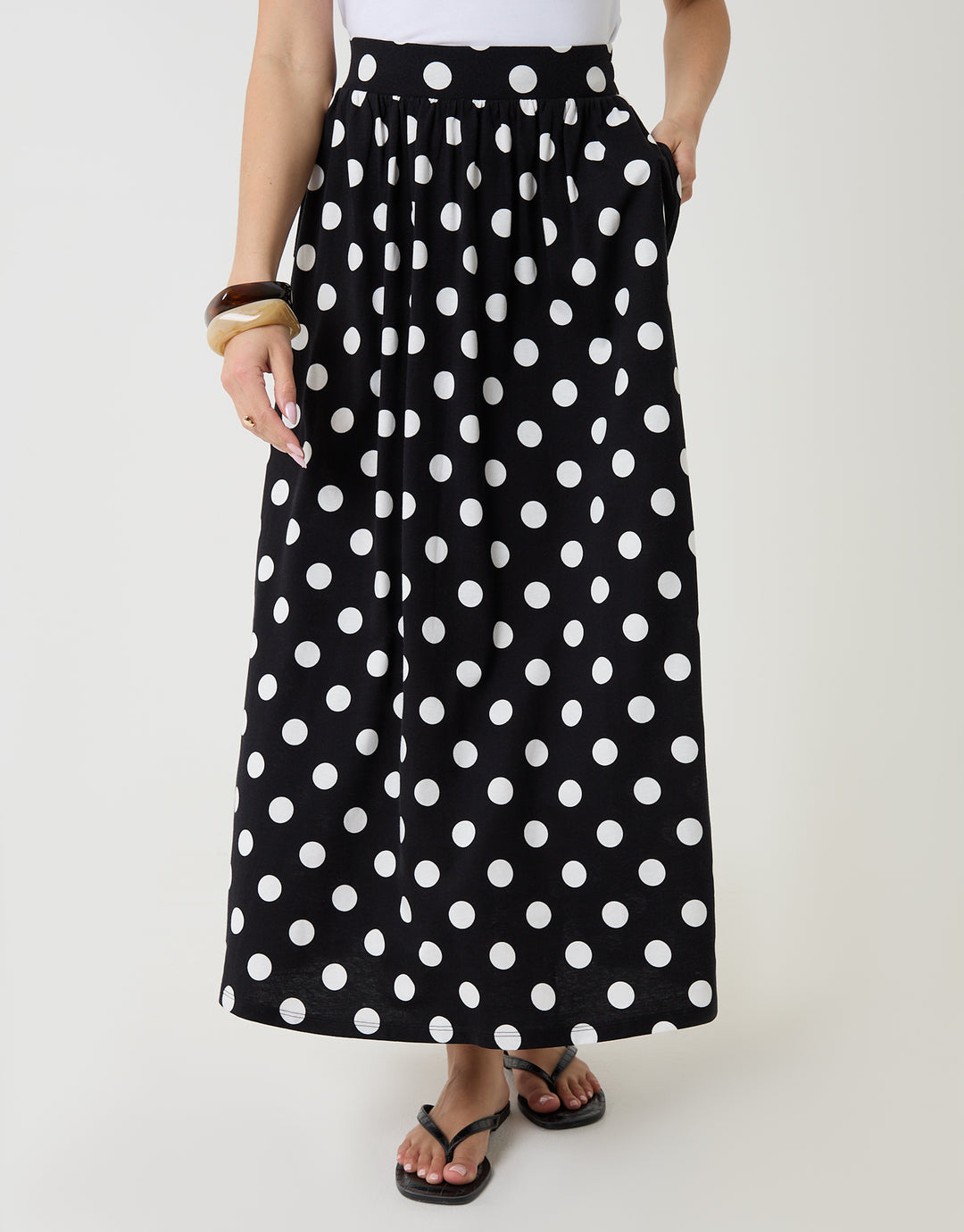 Jersey A-Line Maxi Skirt in Mono Polka Dot