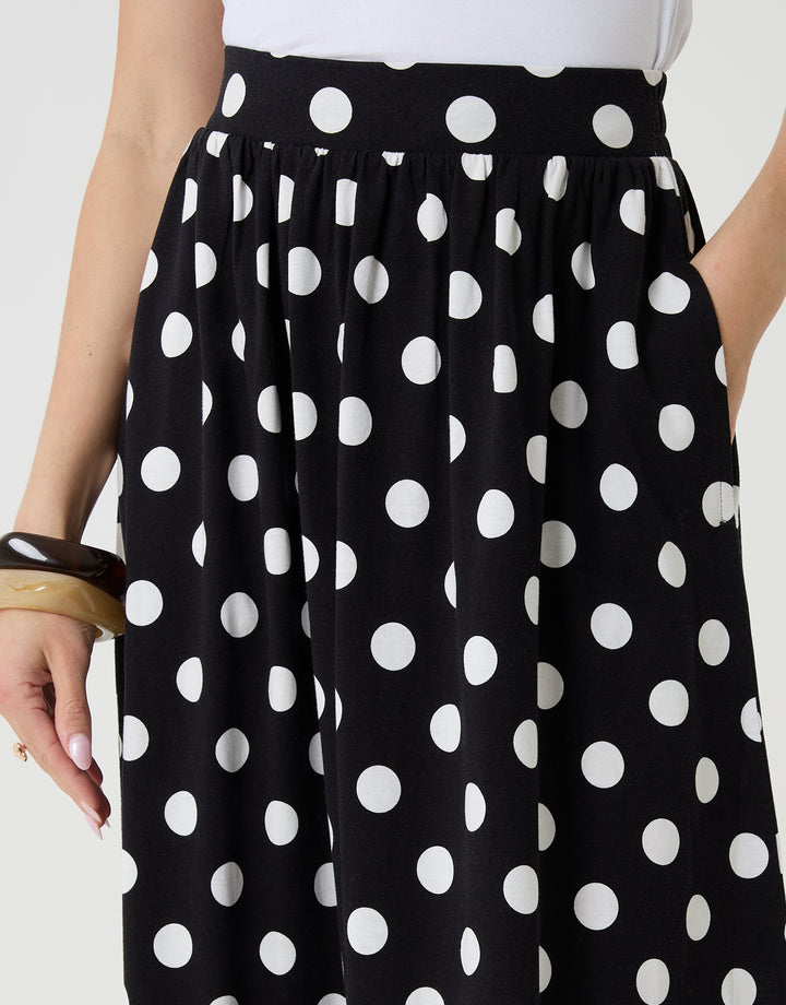 Jersey A-Line Maxi Skirt in Mono Polka Dot