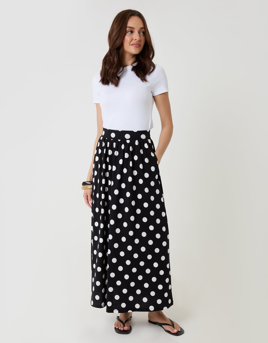 Jersey A-Line Maxi Skirt in Mono Polka Dot