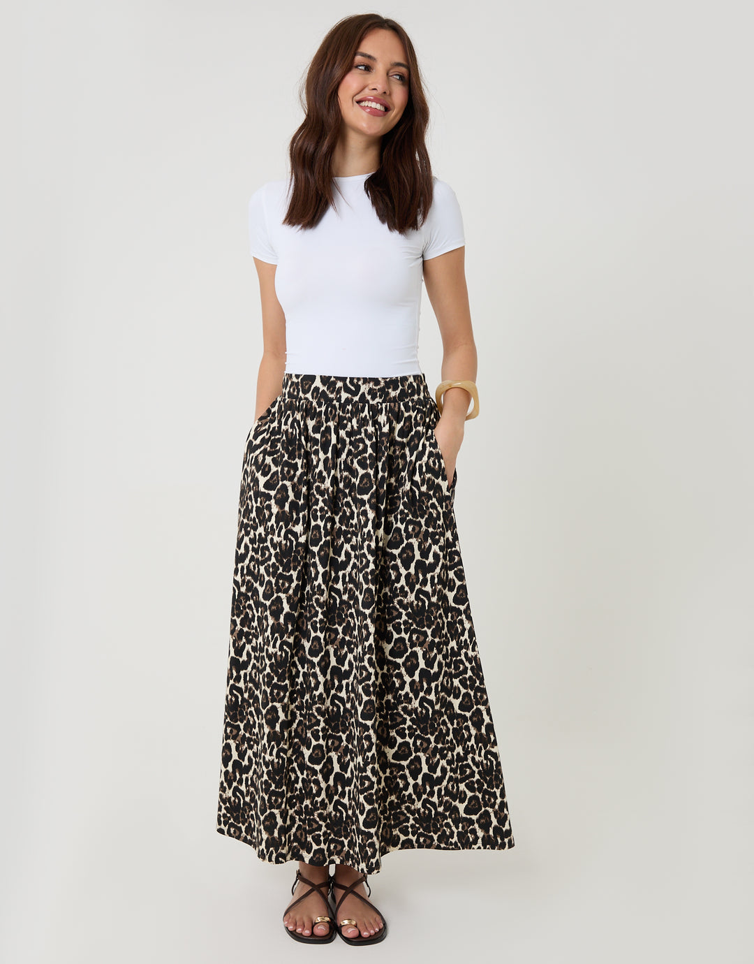 Leopard Print Jersey A-Line Maxi Skirt