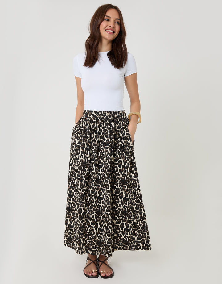 Leopard Print Jersey A-Line Maxi Skirt