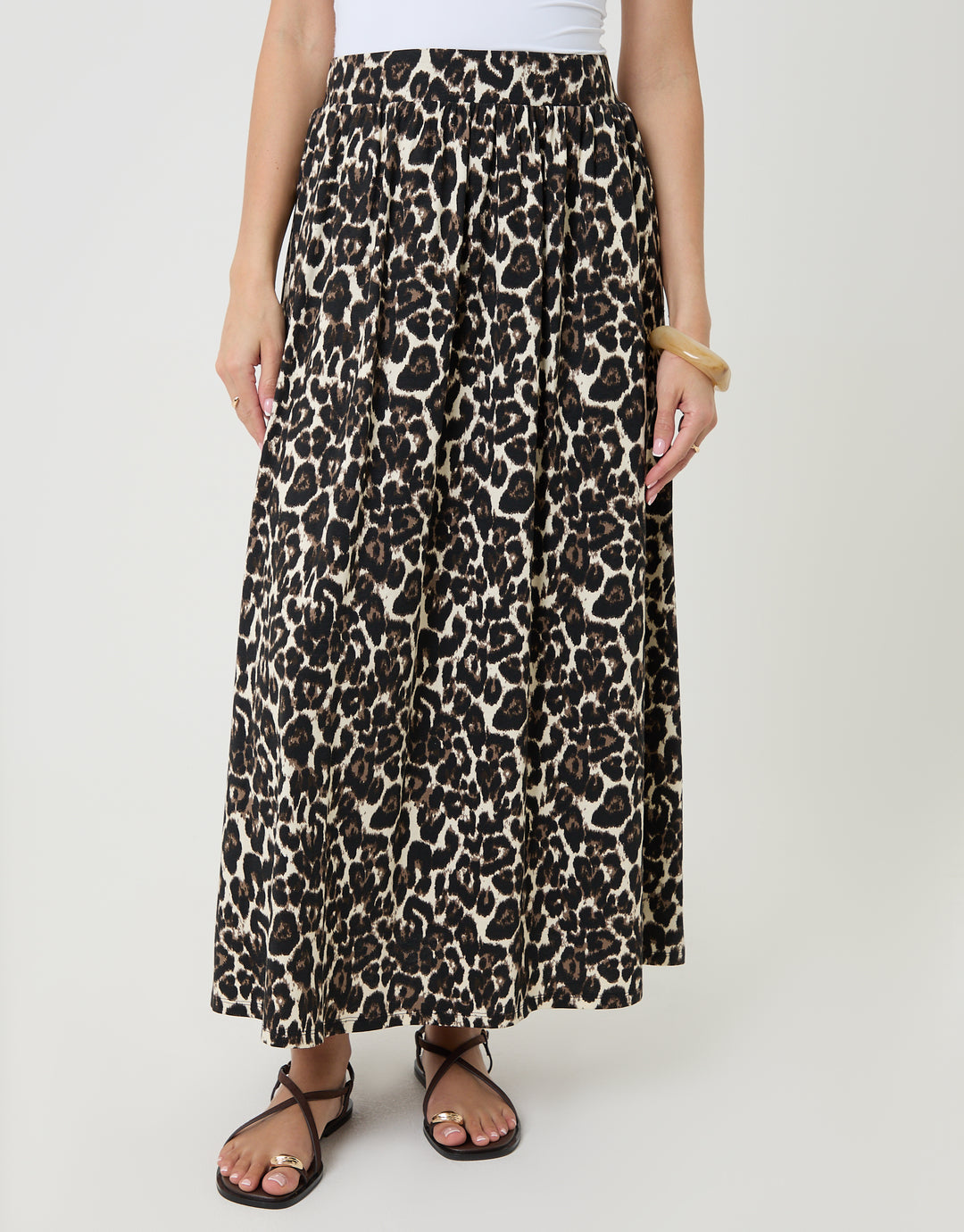 Leopard Print Jersey A-Line Maxi Skirt