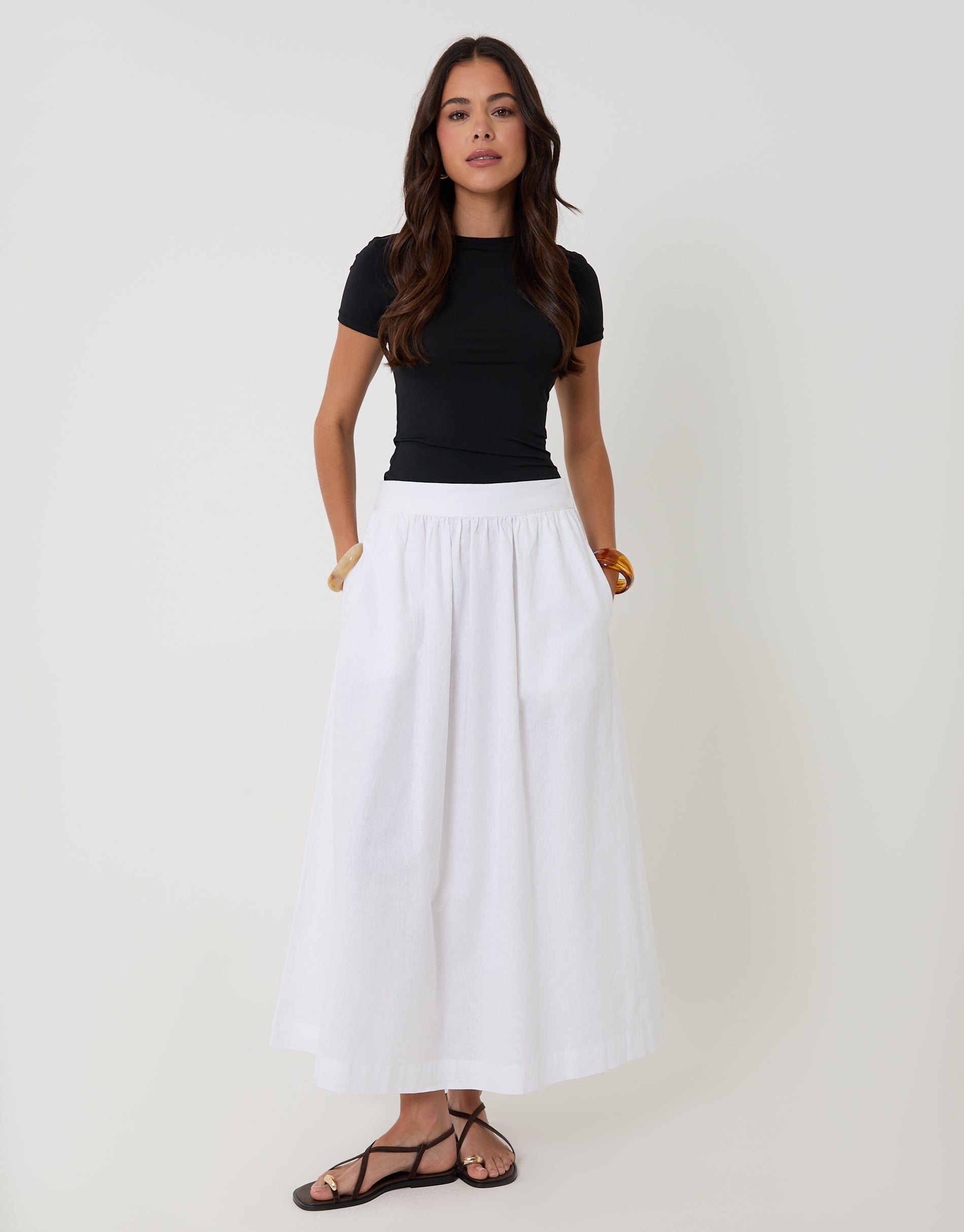 Linen Blend Gathered Midaxi Skirt in White