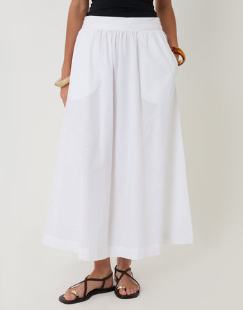 Threadbare Linen Blend Gathered Midaxi Skirt in White - front view