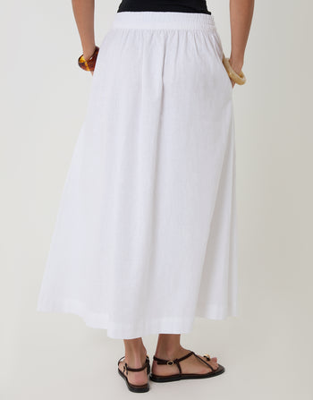 Threadbare Linen Blend Gathered Midaxi Skirt in White - back view