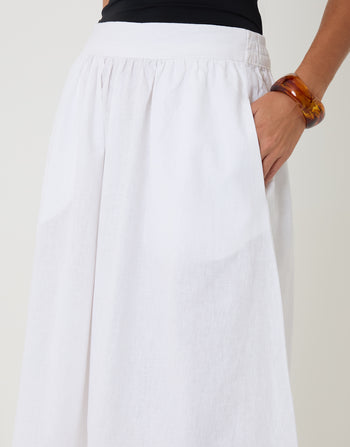 Threadbare Linen Blend Gathered Midaxi Skirt in White - pockets close up