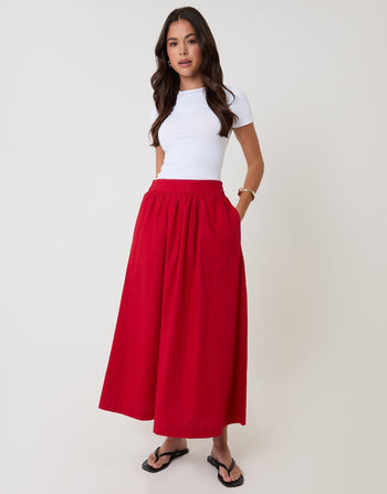 Threadbare Linen Blend Gathered Midaxi Skirt in Red - full body