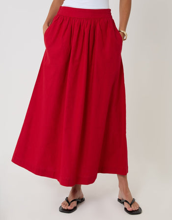 Threadbare Linen Blend Gathered Midaxi Skirt in Red - front view
