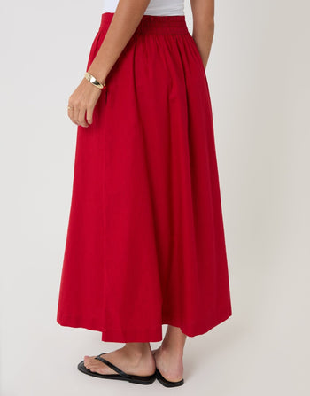 Threadbare Linen Blend Gathered Midaxi Skirt in Red - back view