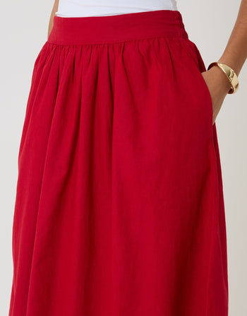 Threadbare Linen Blend Gathered Midaxi Skirt in Red - pockets close up