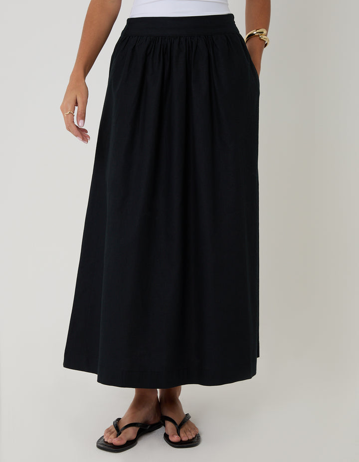 Threadbare Linen Blend Gathered Midaxi Skirt in Black - front view