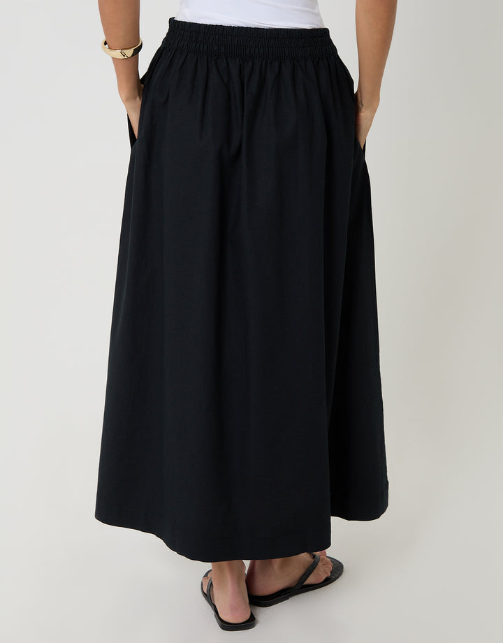 Threadbare Linen Blend Gathered Midaxi Skirt in Black - back view