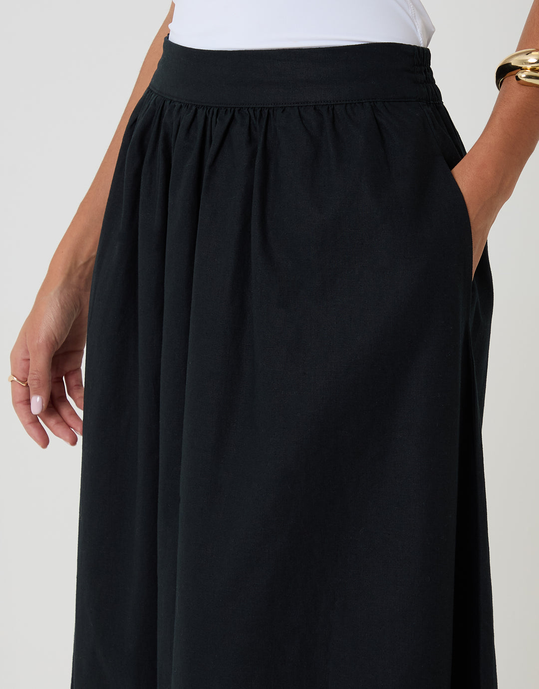 Threadbare Linen Blend Gathered Midaxi Skirt in Black - pockets close up