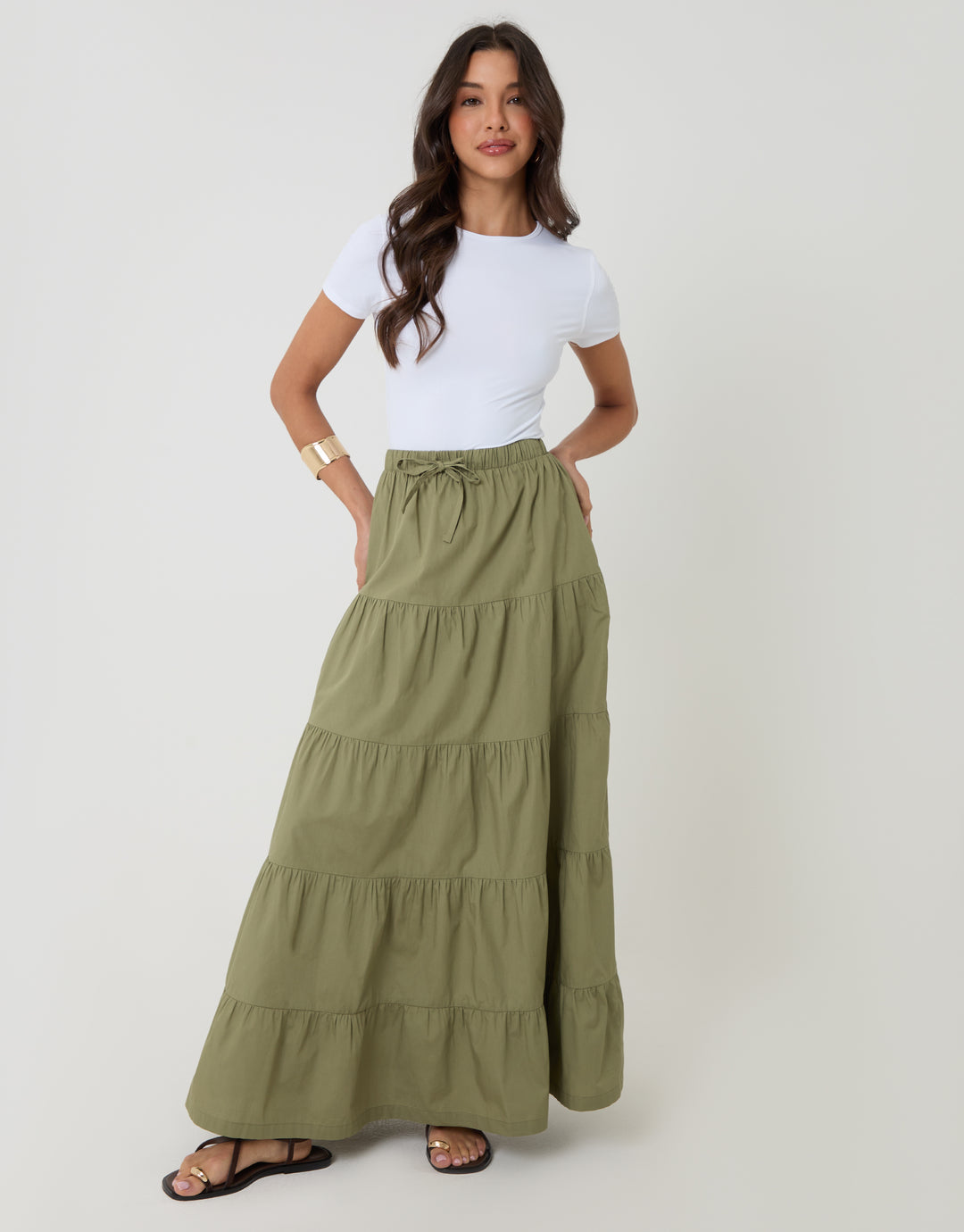 Threadbare Cotton Tiered Maxi Skirt in Olive Green - full body