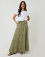 Threadbare Cotton Tiered Maxi Skirt in Olive Green - full body