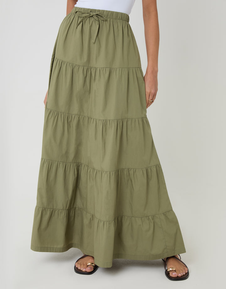 Threadbare Cotton Tiered Maxi Skirt in Olive Green - front view