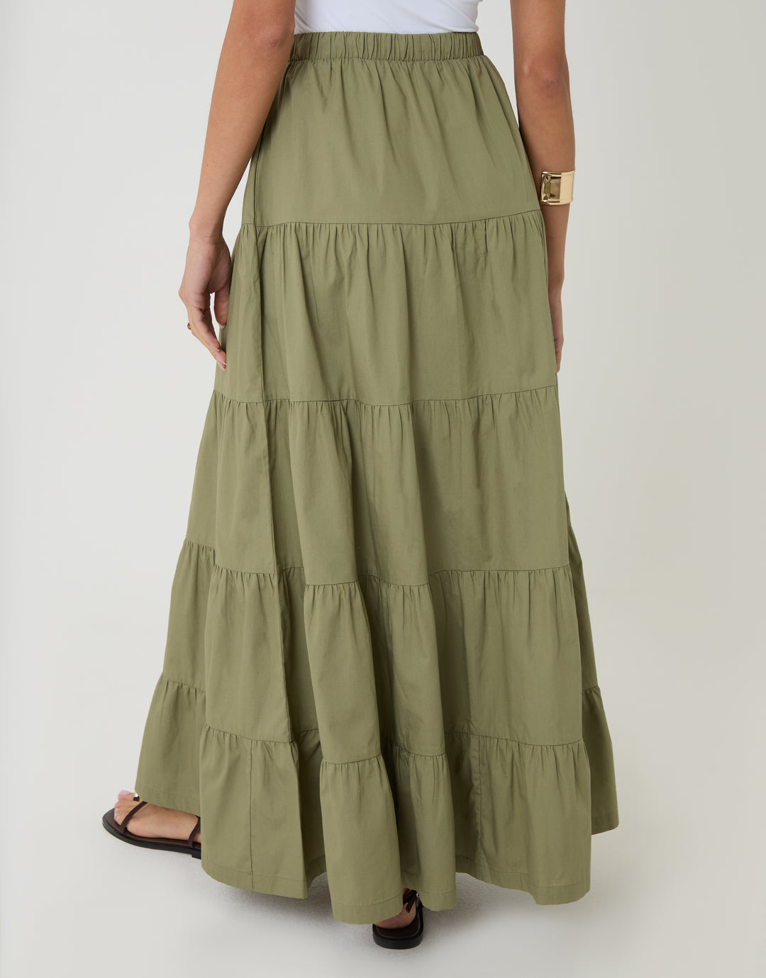 Threadbare Cotton Tiered Maxi Skirt in Olive Green - back view