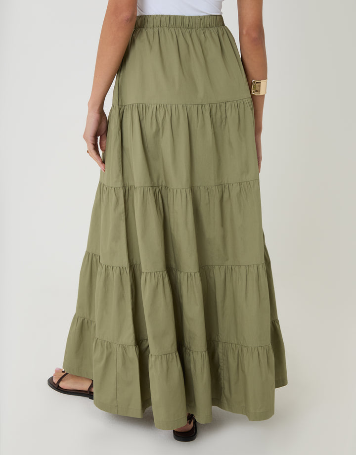 Threadbare Cotton Tiered Maxi Skirt in Olive Green - back view