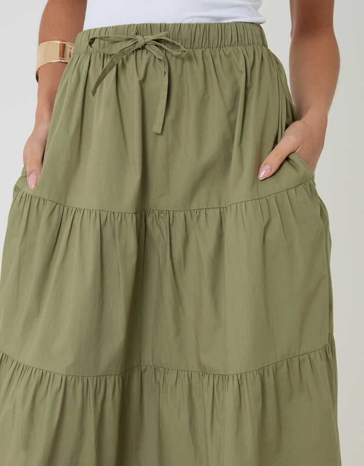 Threadbare Cotton Tiered Maxi Skirt in Olive Green - front view close up