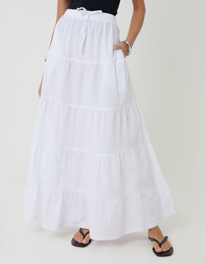 Threadbare Cotton Tiered Maxi Skirt in White - front view