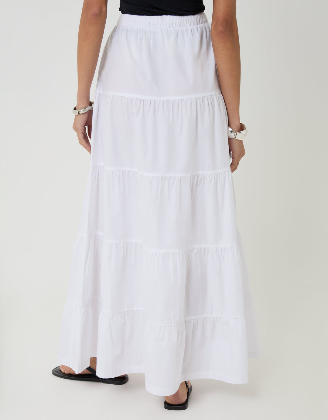 Threadbare Cotton Tiered Maxi Skirt in White - back view