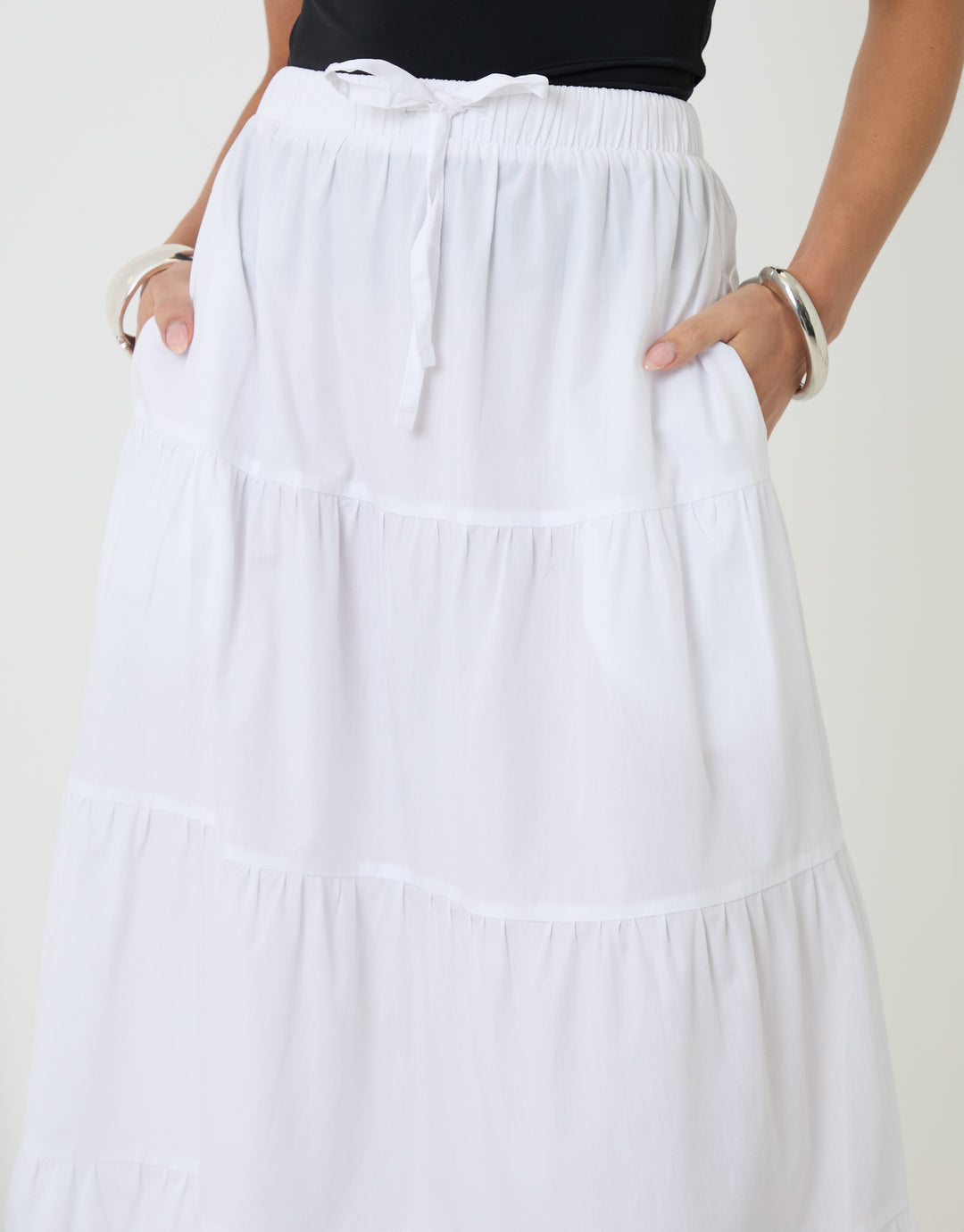 Threadbare Cotton Tiered Maxi Skirt in White - tiers close up