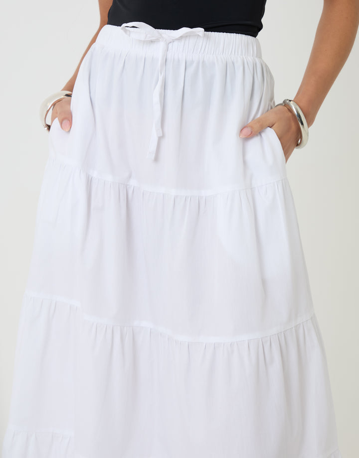 Threadbare Cotton Tiered Maxi Skirt in White - tiers close up