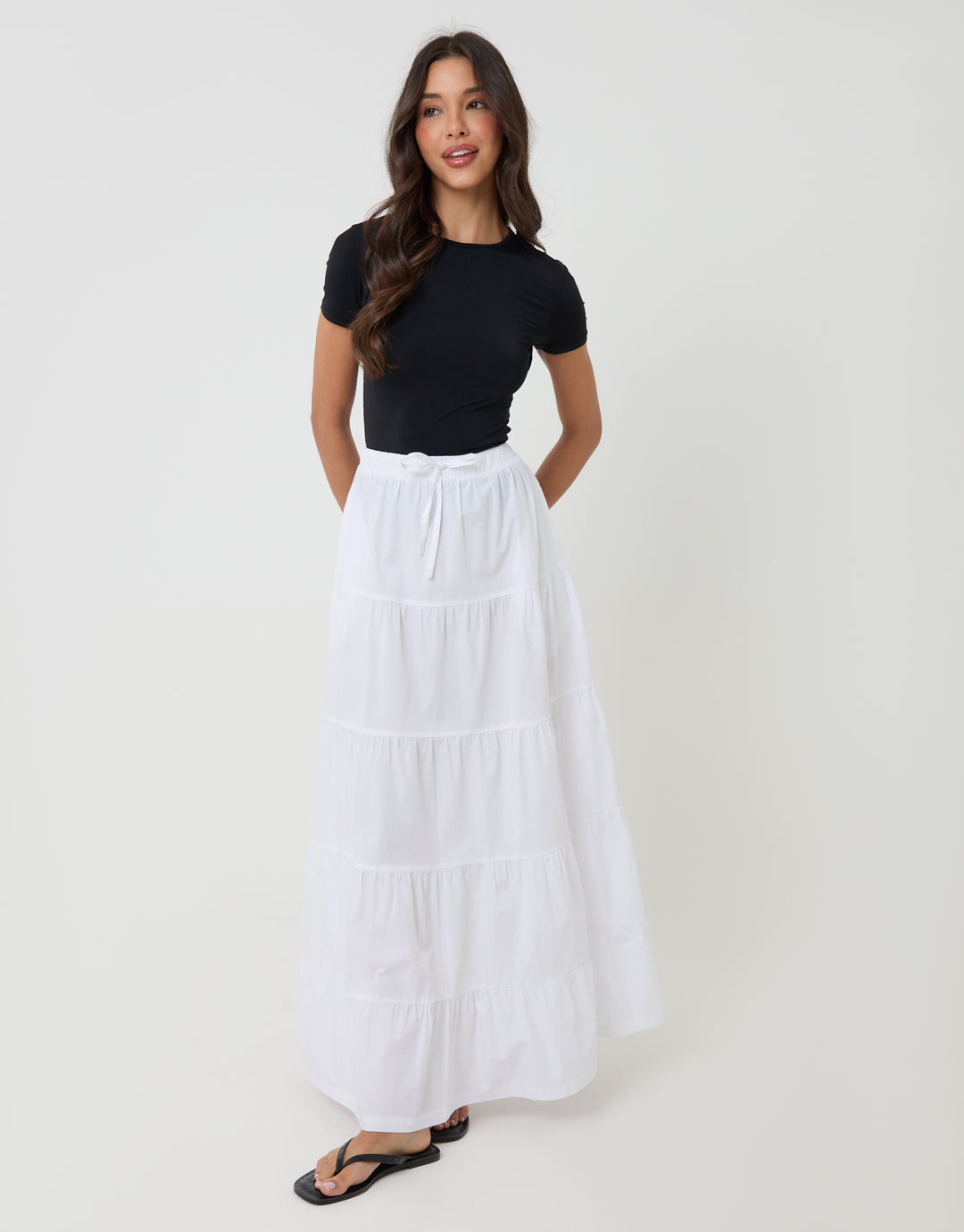 Threadbare Cotton Tiered Maxi Skirt in White - front view