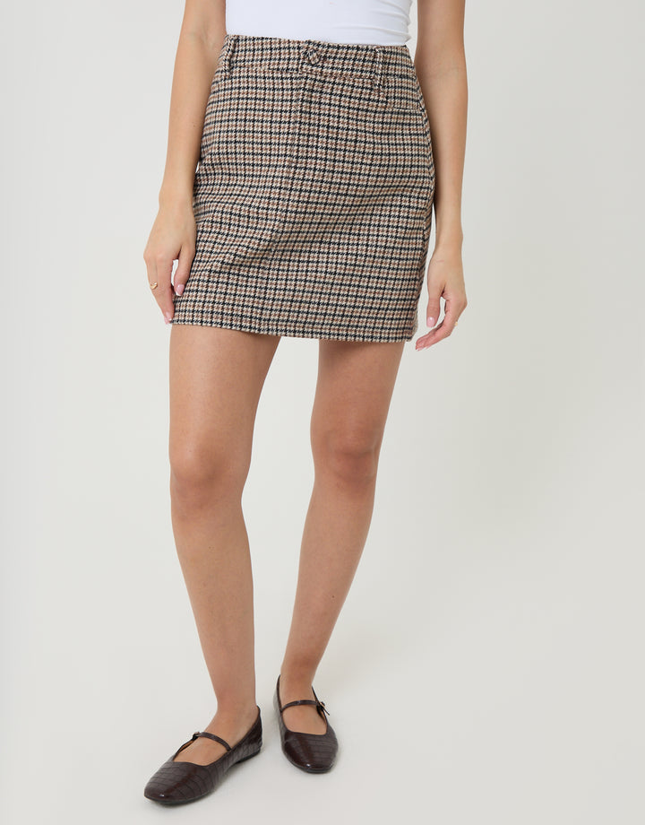 Brown Check Co-ord Wool Content Mini Skirt