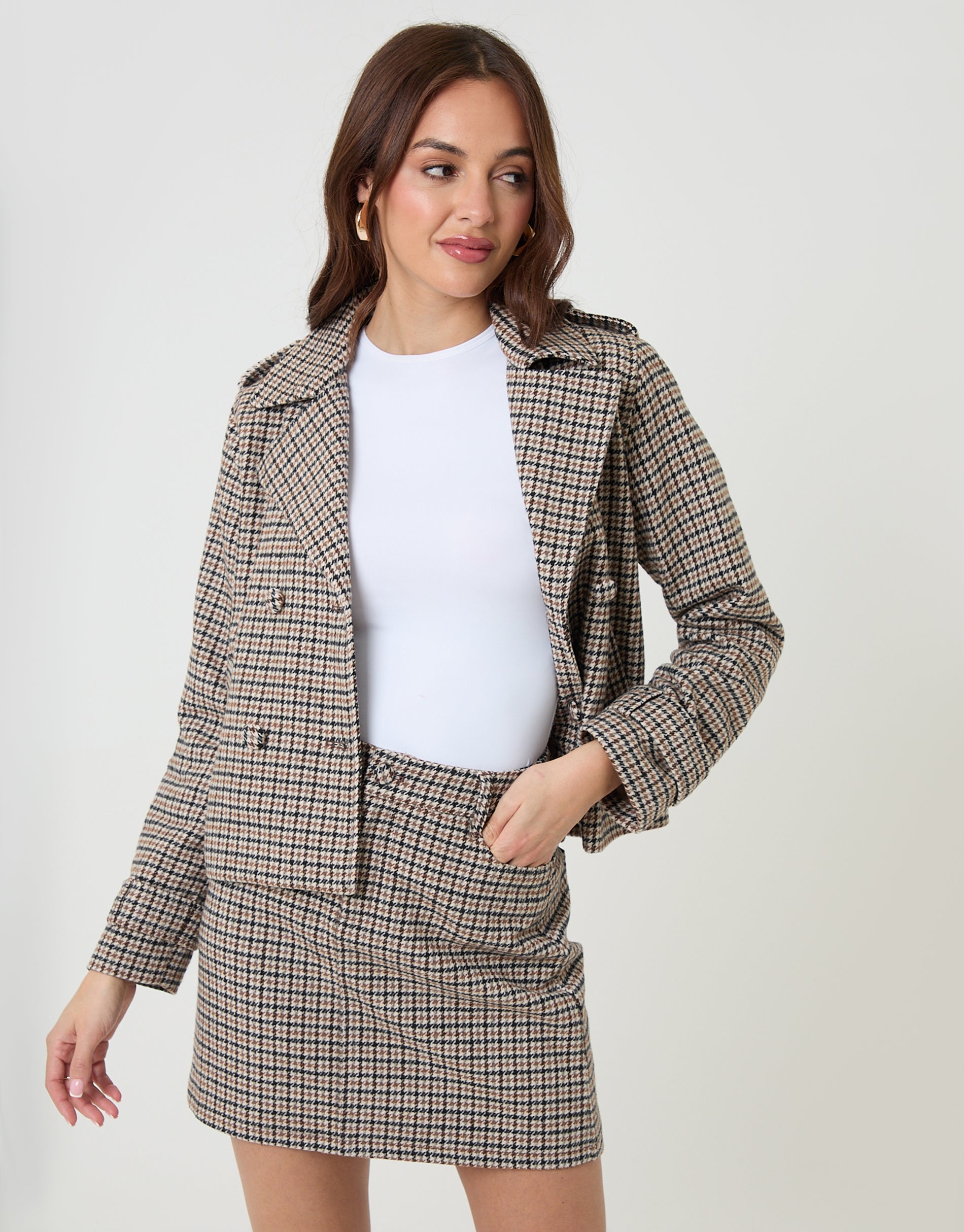 Brown Check Co-ord Wool Content Mini Skirt