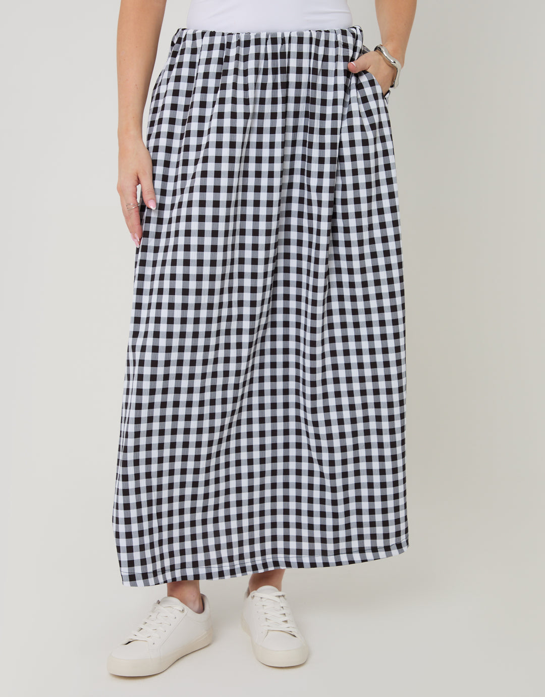 Mono Gathered Waist Gingham Maxi Skirt