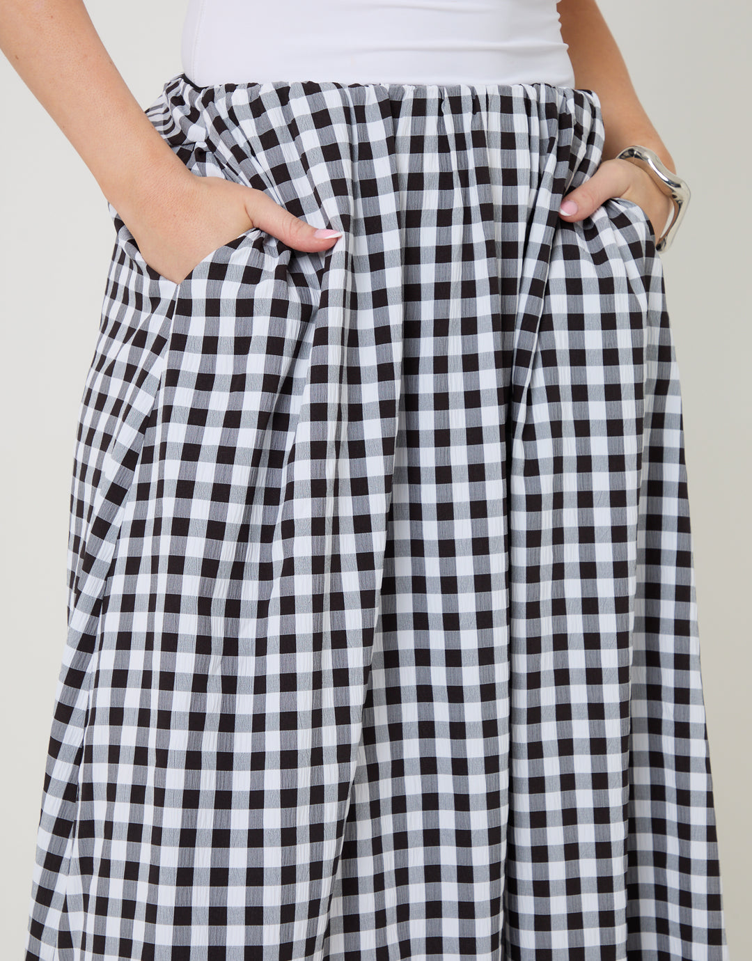 Mono Gathered Waist Gingham Maxi Skirt