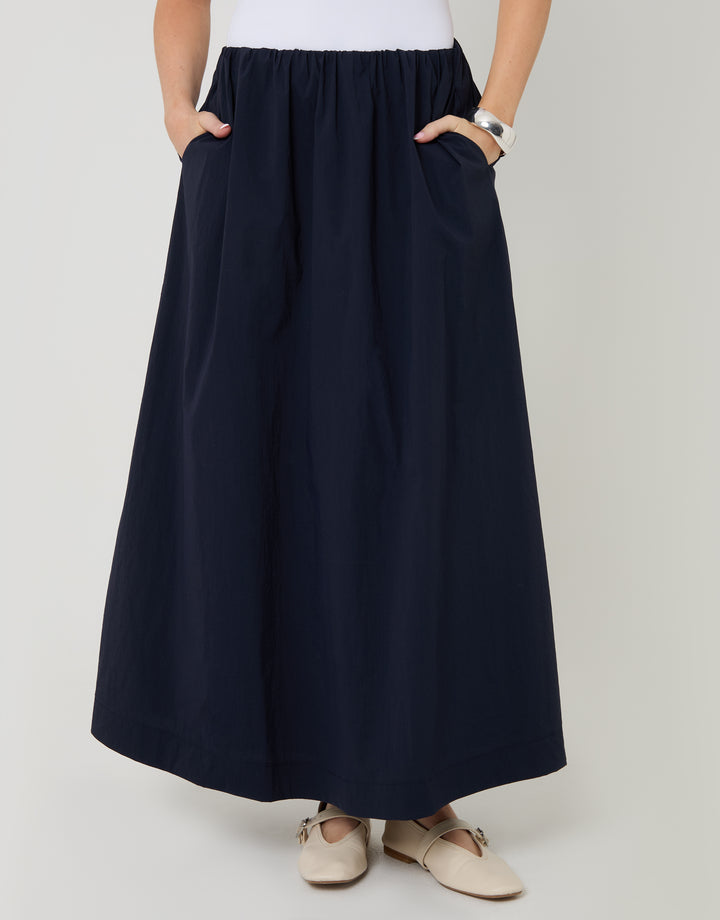Navy Gathered Waist Maxi Skirt