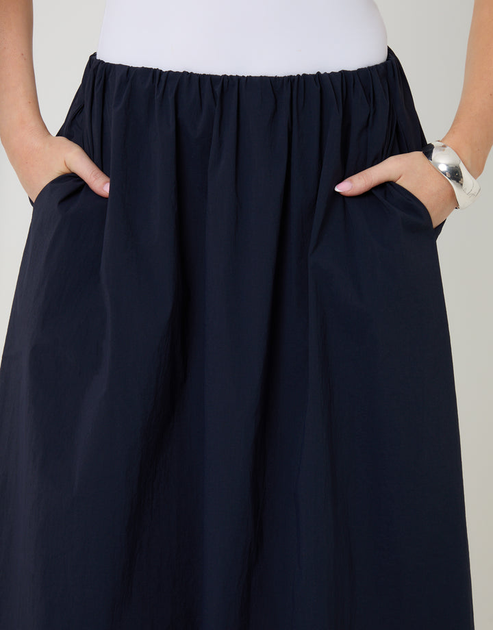 Navy Gathered Waist Maxi Skirt