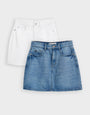 Threadbare 2 Pack Denim Mini Skirts in Mid Wash & White - 2-pack flat lay